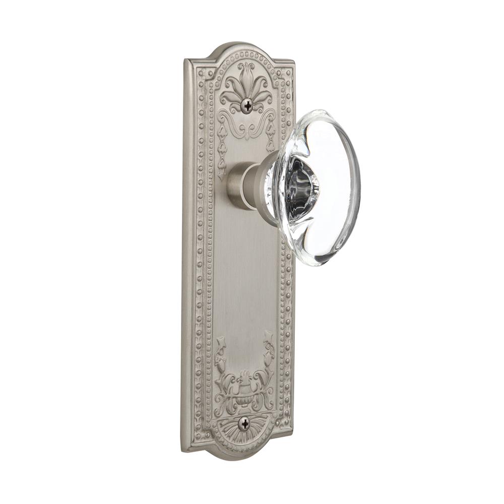 Nostalgic Warehouse MEAOCC Passage Knob Meadows Plate with Oval Clear Crystal Knob without Keyhole in Satin Nickel